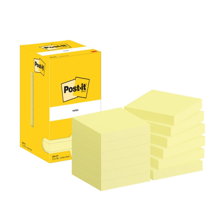 Post-It Pack de 12 Blocs de 100 Notas Adhesivas Reposicionables - Forma Cuadrada - 76x76mm - Color Amarillo Claro