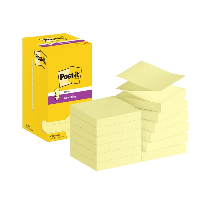 Post-It Super Sticky Pack de 12 Blocs de 90 Notas Adhesivas Reposicionables - Forma Cuadrada - 76x76mm - en Zig-Zag - Color Ama