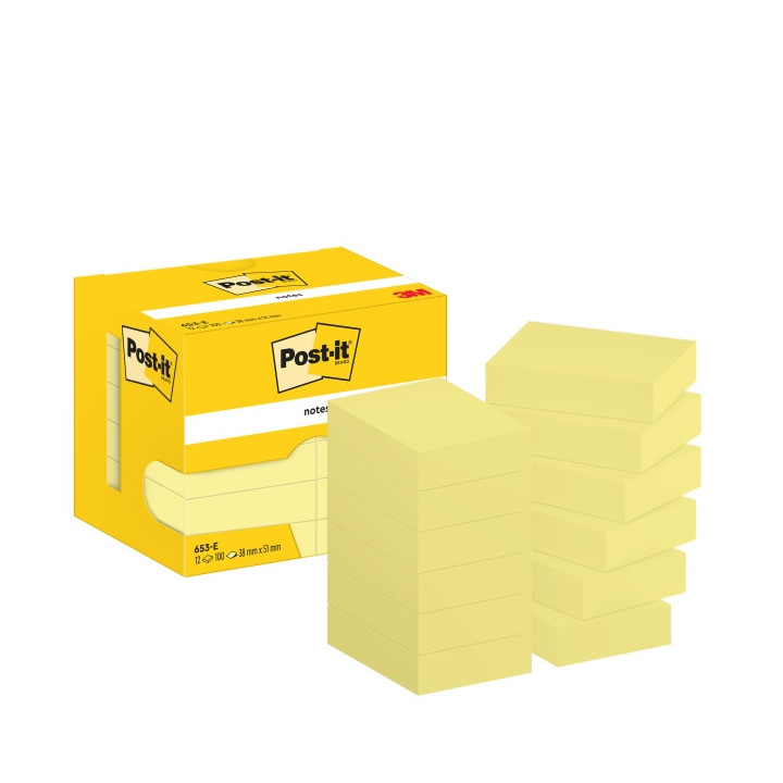 Post-It Pack de 12 Blocs de 100 Notas Adhesivas Reposicionables - Forma Rectangular - 38x51mm - Color Amarillo Claro