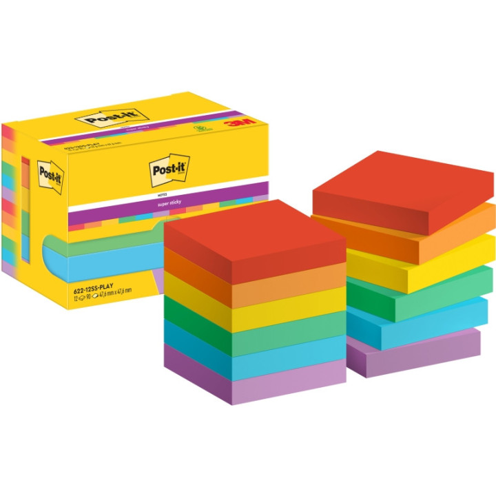Post-It Super Sticky Pack de 12 Blocs de 90 Notas Adhesivas Reposicionables - Forma Cuadrada - 47.6x47.6mm - Colores Surtidos