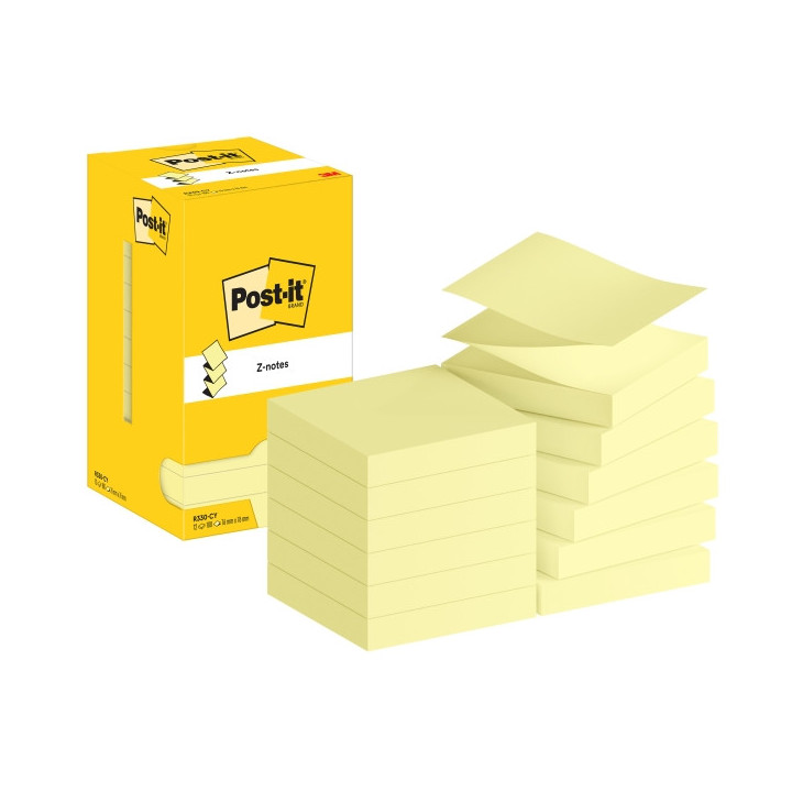 Post-It Pack de 12 Blocs de 100 Z-Notas Adhesivas Reposicionables - Forma Cuadrada - 76x76mm - Color Amarillo Claro