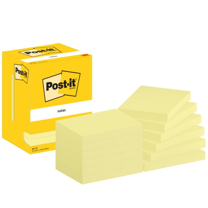 Post-It Pack de 12 Blocs de 100 Notas Adhesivas Reposicionables - Forma Rectangular - 76x102mm - Color Amarillo Claro