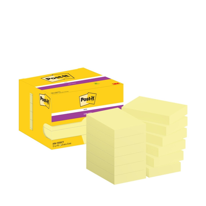 Post-It Super Sticky Pack de 12 Blocs de 90 Notas Adhesivas Reposicionables - 51x76mm - Paquete de Carton - 100% PEFC - Color A
