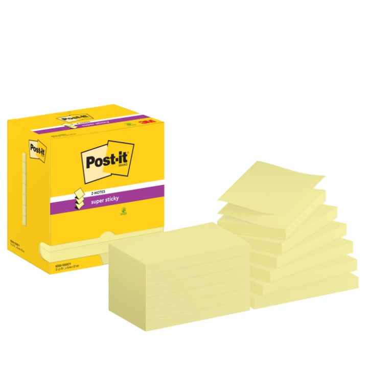 Post-It Super Sticky Pack de 12 Blocs de 90 Notas Adhesivas Reposicionables - Forma Rectangular - 76x127mm - en Zig-Zag - Color