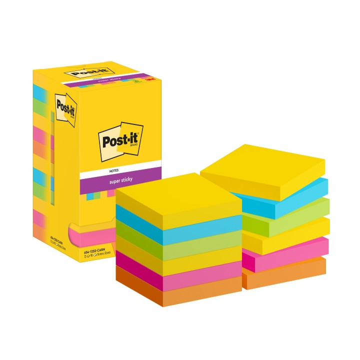 Post-It Super Sticky Pack de 12 Blocs de 90 Notas Adhesivas Reposicionables - Forma Cuadrada - 76x76mm - Colores Surtidos