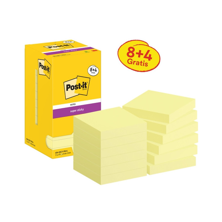 Post-It Super Sticky Pack de 12 Blocs de 90 Notas Adhesivas Reposicionables - 76x76mm - Promocion 8 Blocs + 4 Gratis - Color Am