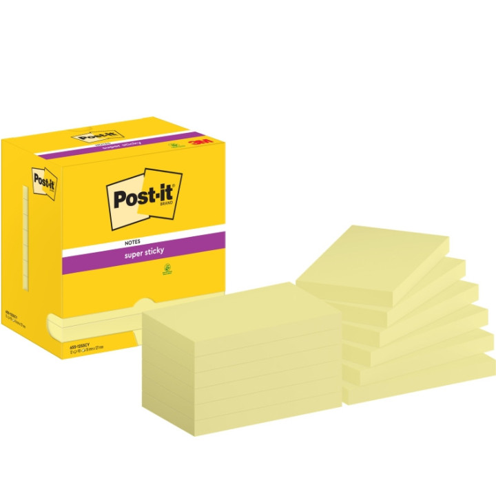 Post-It Super Sticky Pack de 12 Blocs de 90 Notas Adhesivas Reposicionables - Forma Rectangular - 76x127mm - Color Amarillo Cla