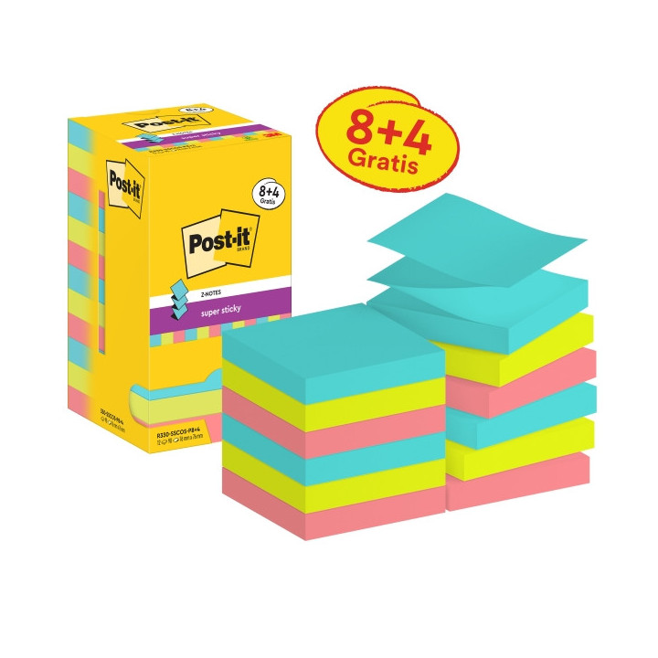 Post-It Super Sticky Pack de 12 Blocs de 90 Notas Adhesivas Reposicionables - Forma Cuadrada - 76x76mm - en Zig-Zag - Colores S