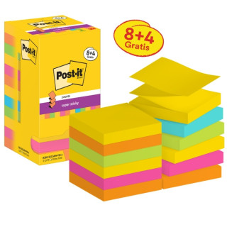 Post-It Super Sticky Pack de 12 Blocs de 90 Notas Adhesivas Reposicionables - Forma Cuadrada - 76x76mm - en Zig-Zag - Colores S