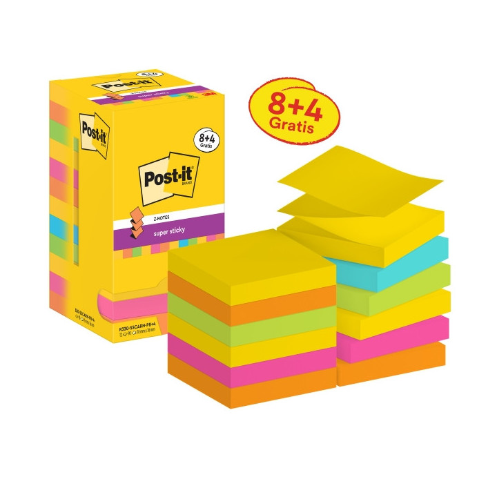 Post-It Super Sticky Pack de 12 Blocs de 90 Notas Adhesivas Reposicionables - Forma Cuadrada - 76x76mm - en Zig-Zag - Colores S