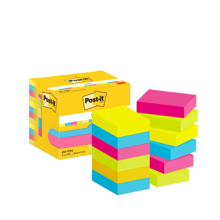 Post-It Pack de 12 Blocs de 100 Notas Adhesivas Reposicionables - Forma Rectangular - 38x51mm - Colores Surtidos