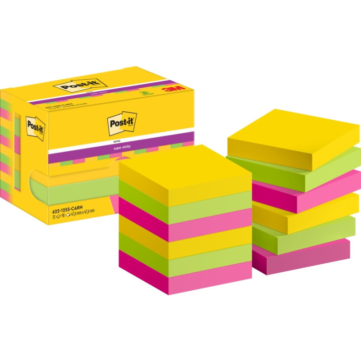Post-It Super Sticky Pack de 12 Blocs de 90 Notas Adhesivas Reposicionables - Forma Cuadrada - 47.6x47.6mm - Colores Surtidos