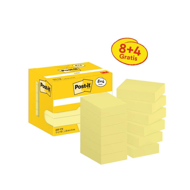 Post-It Pack de 12 Blocs de 100 Notas Adhesivas Reposicionables - Forma Rectangular - 38x51mm - Color Amarillo Claro