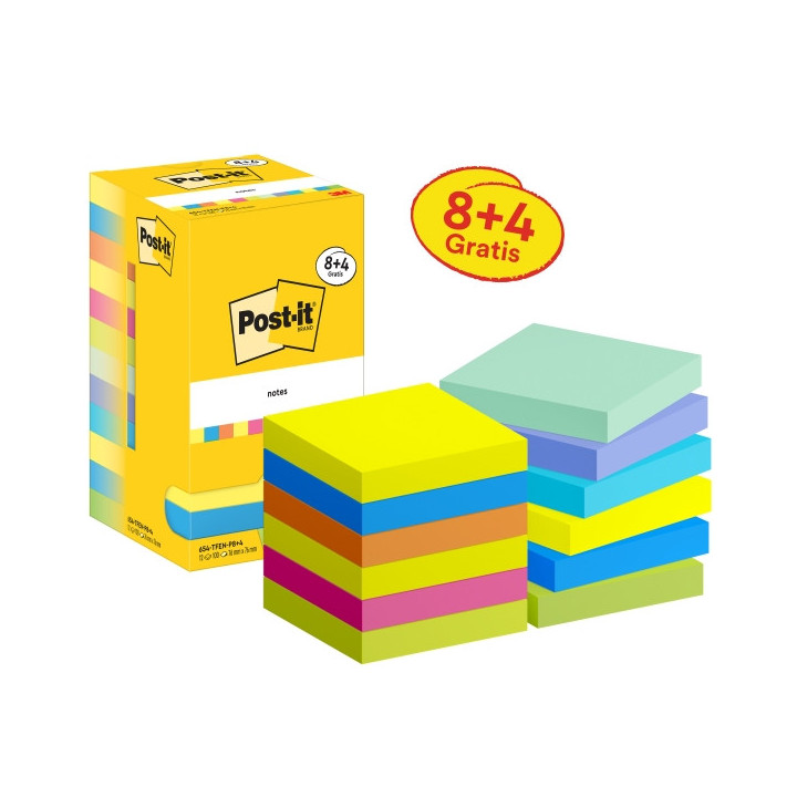Post-It Pack de 12 Blocs de 90 Notas Adhesivas Reposicionables - Forma Cuadrada - 76x76mm - Colores Surtidos
