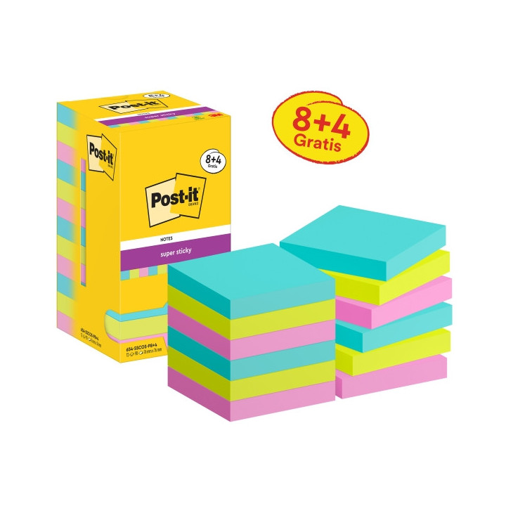 Post-It Super Sticky Pack de 12 Blocs de 90 Notas Adhesivas Reposicionables - Forma Cuadrada - 76x76mm - Colores Surtidos