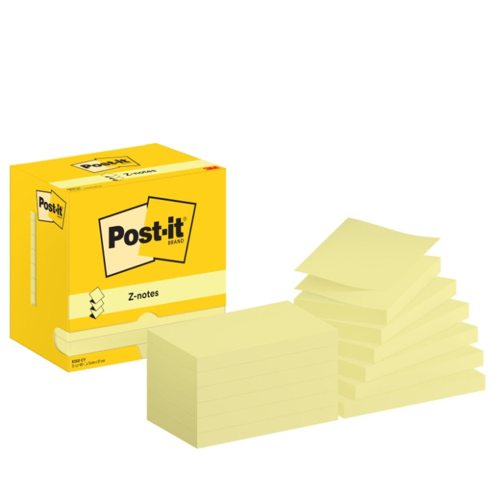 Post-It Pack de 12 Blocs de 100 Z-Notas Adhesivas Reposicionables - Forma Rectangular - 76x127mm - Color Amarillo Claro