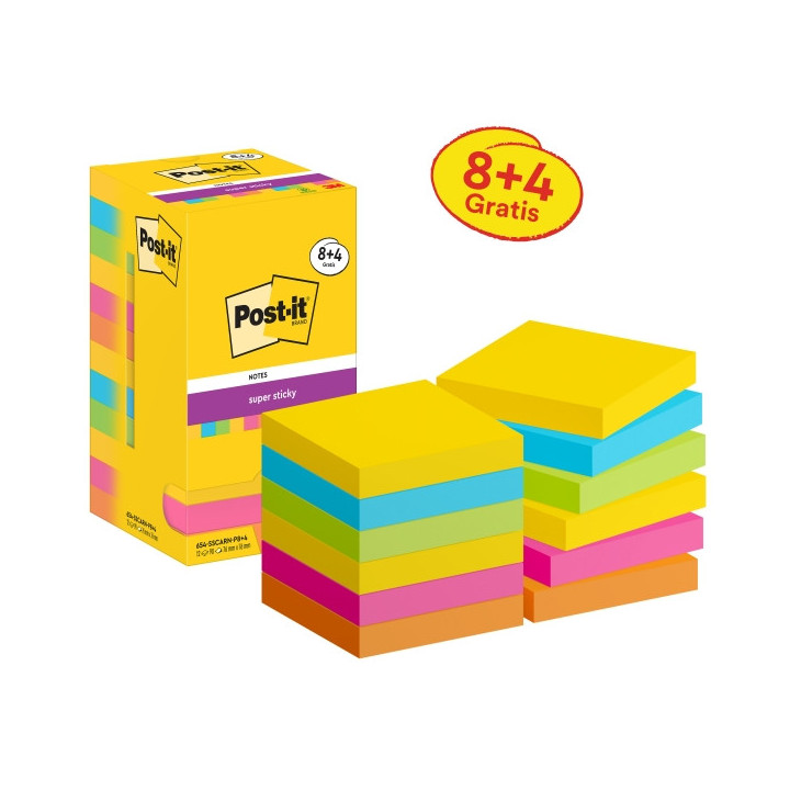 Post-It Super Sticky Pack de 12 Blocs de 90 Notas Adhesivas Reposicionables - Forma Cuadrada - 76x76mm - Colores Surtidos