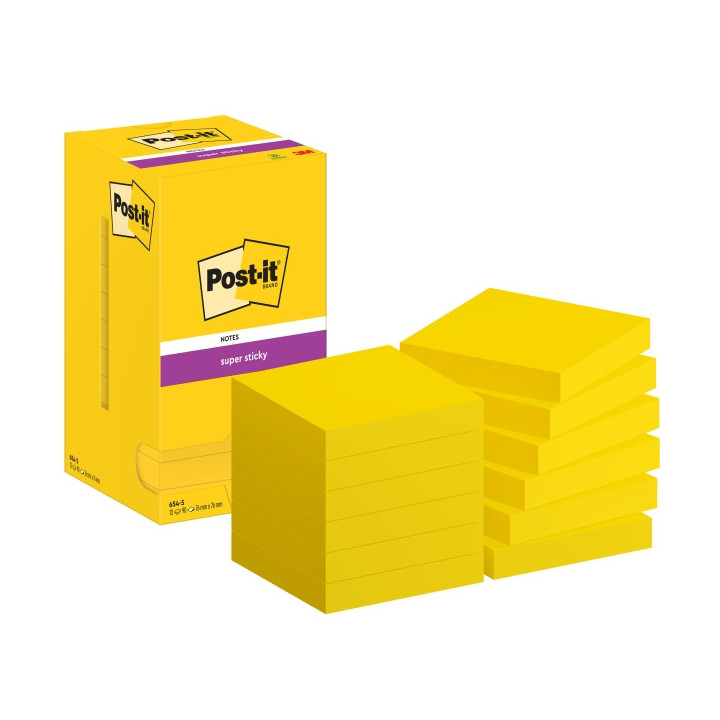 Post-It Super Sticky Pack de 12 Blocs de 90 Notas Adhesivas Reposicionables - Forma Cuadrada - 76x76mm - Color Amarillo
