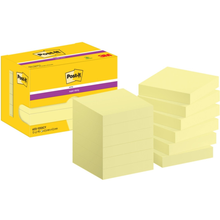 Post-It Super Sticky Pack de 12 Blocs de 90 Pack de 12 Blocs de 90 Notas Adhesivas Reposicionables - 47.6x47.6mm - Color Amaril