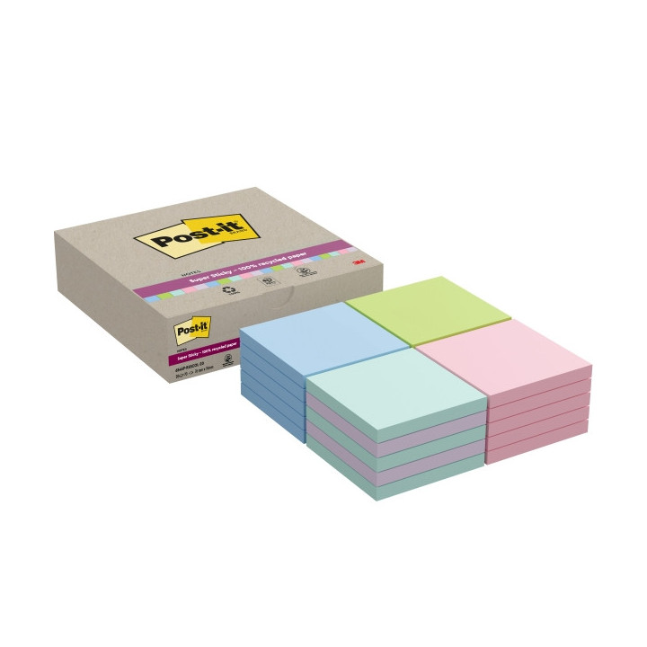 Post-It Super Sticky Pack de 20 Blocs de 70 Notas Adhesivas Recicladas - Forma Cuadrada - 76x76mm - Colores Surtidos