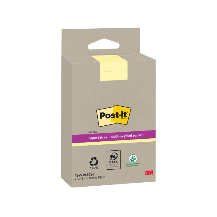 Post-It Super Sticky Pack de 4 Blocs de 45 Notas Adhesivas Recicladas - Forma Rectangular - 102x152mm - Color Amarillo Claro