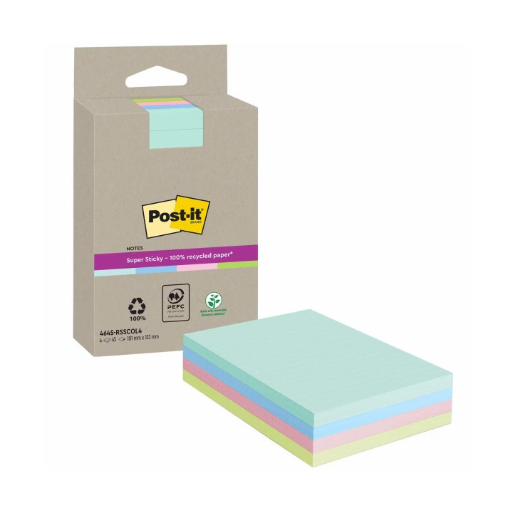 Post-It Super Sticky Super Sticky Pack de 4 Blocs de 45 Notas Adhesivas Recicladas - Forma Rectangular - 102x152mm - Colores S