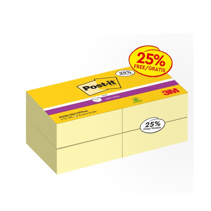 Post-It Super Sticky Pack de 4 Cubos de 270 Notas Adhesivas Reposicionables - Forma Cuadrada - Color Amarillo Claro