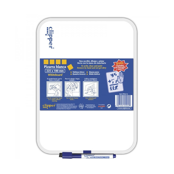Alpino Clipper Pizarra Blanca 25.5x18cm - Una Cara Blanca y otra con Cuadricula - Borrado en Seco - Incluye Rotulador con Borra