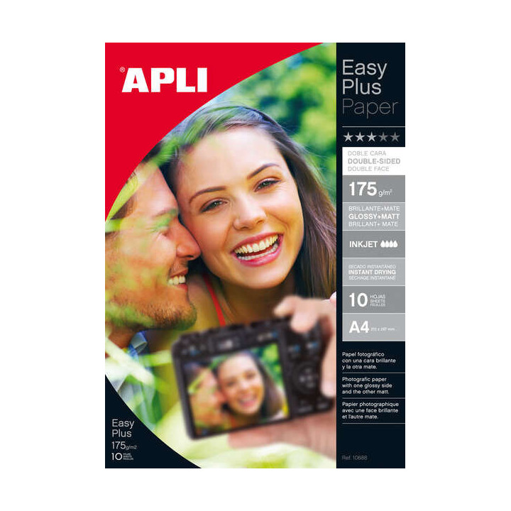 Apli Pack de 10 Hojas Papel Fotografico Photobright Doble Cara A4 175g - Brillante en una Cara y Mate en la otra - Indicado par