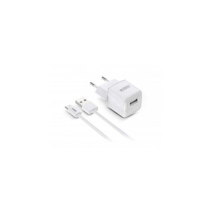 Urban Factory Powee Cargador de Pared USB-A 2.4 A/12W - Cable USB-A a USB-C de 1m - Color Blanco