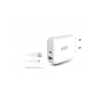 Urban Factory Powee Cargador de Pared USB-C de 45W y USB-A de 18W - Cable USB-A a USB-C de 1m - Color Blanco