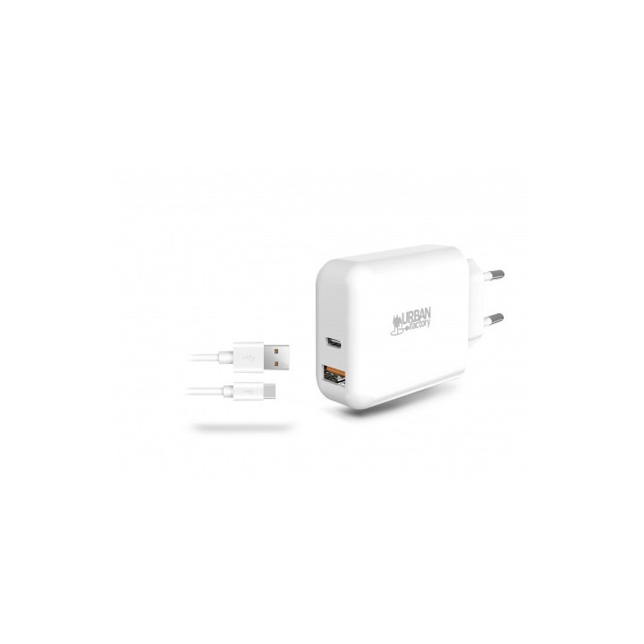 Urban Factory Powee Cargador de Pared USB-C de 45W y USB-A de 18W - Cable USB-A a USB-C de 1m - Color Blanco