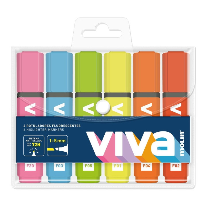 Molin Viva Pack de 6 Marcadores Fluorescentes - Trazo entre 1 y 5mm - Tinta con Base de Agua - Colores Surtidos