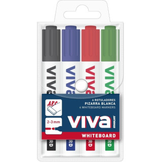Molin Viva Pack de 4 Rotuladores para Pizarra Blanca - Punta Redonda de Fibra Sintetica - Trazo 3mm - Tinta con Base de Alcohol
