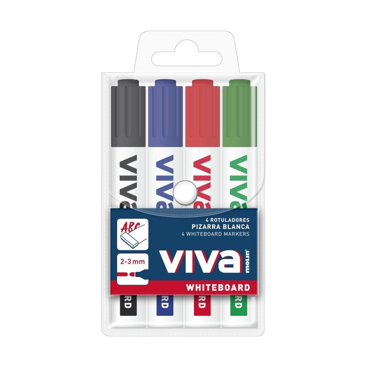 Molin Viva Pack de 4 Rotuladores para Pizarra Blanca - Punta Redonda de Fibra Sintetica - Trazo 3mm - Tinta con Base de Alcohol