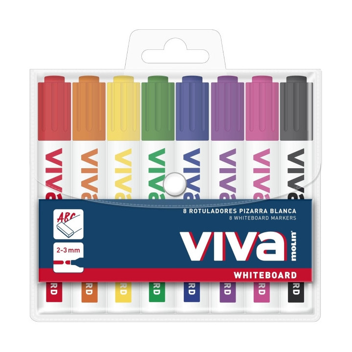 Molin Viva Pack de 8 Rotuladores para Pizarra Blanca - Punta Redonda de Fibra Sintetica - Trazo 3mm - Tinta con Base de Alcohol