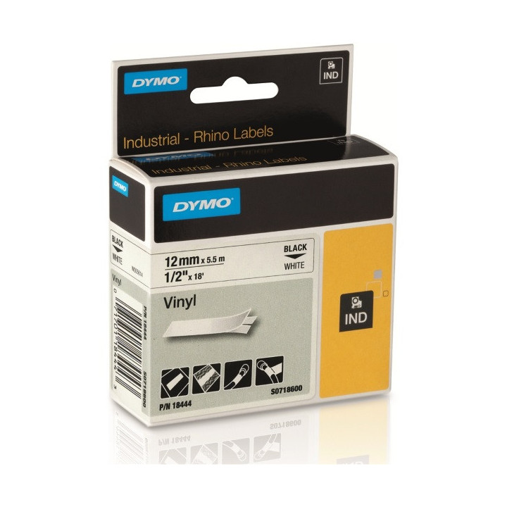 Dymo 18444 Rhino Industrial Cinta Vinilo Original para Rotuladora - Texto Negro sobre Fondo Blanco - Ancho 12mm x 5.5 metros -