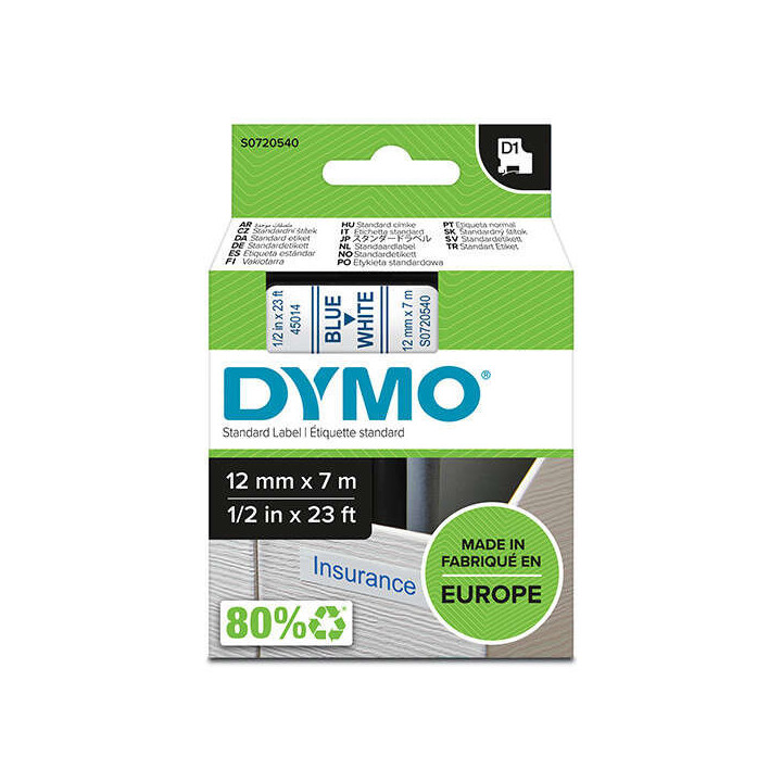 Dymo D1 Cinta de Etiquetas Original para Rotuladora - Texto Azul sobre Fondo Blanco - Ancho 12mm x 7 metros - S0720540