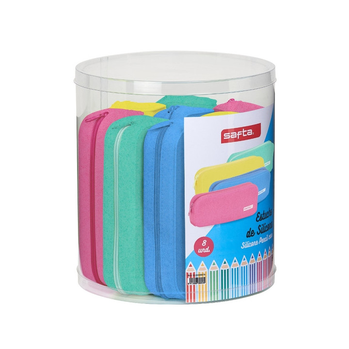 Safta Conjunto 8 Estuches - Silicona con Purpurina - Cuadrados - 27x23cm - Colores Surtidos