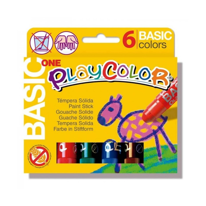 PlayColor Basic One Pack de 6 Temperas Solidas - No Arrugan el Papel - No Necesitan Agua - Especial para Uso Escolar - Colores