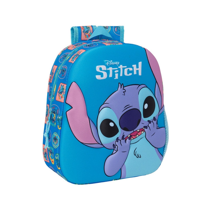 Safta Stitch Mochila 3D - Asa de Mano - Portabotellas Lateral - 27x33x10cm - Color Azul