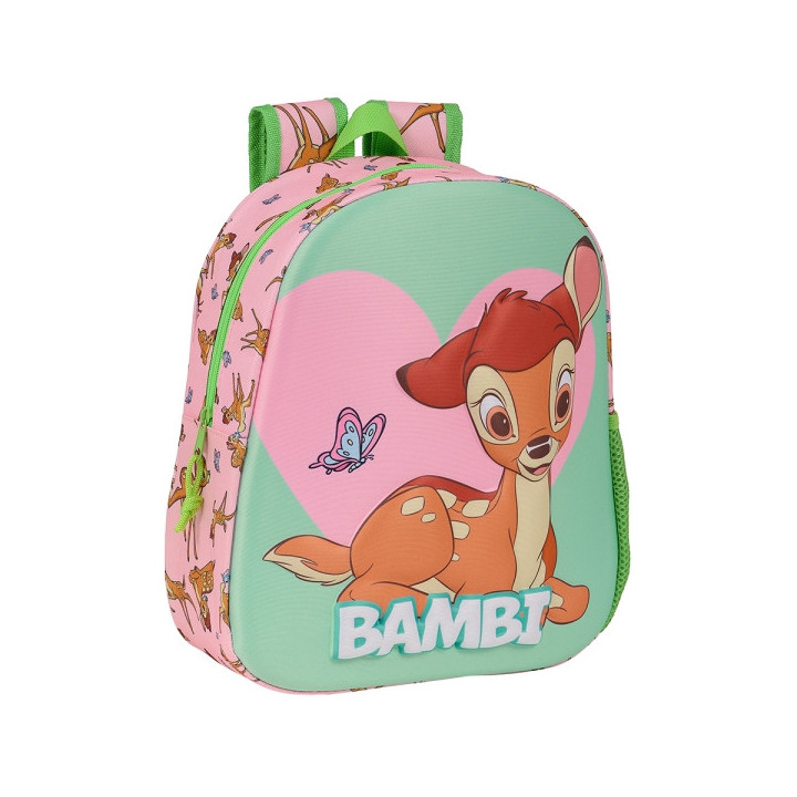 Safta Bambi Mochila 3D - Asa de Mano - Portabotellas Lateral - 27x33x10cm - Color Verde Pastel