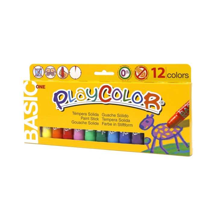 PlayColor Basic One Pack de 12 Temperas Solidas - No Arrugan el Papel - No Necesitan Agua - Especial para Uso Escolar - Colores