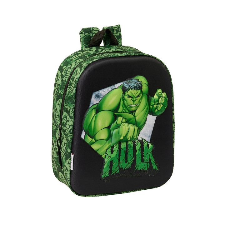 Safta Hulk Mochila Guarderia 3D - Asa de Mano - Compartimento Principal con Cremallera - 22x27x10cm - Color Negro/Verde