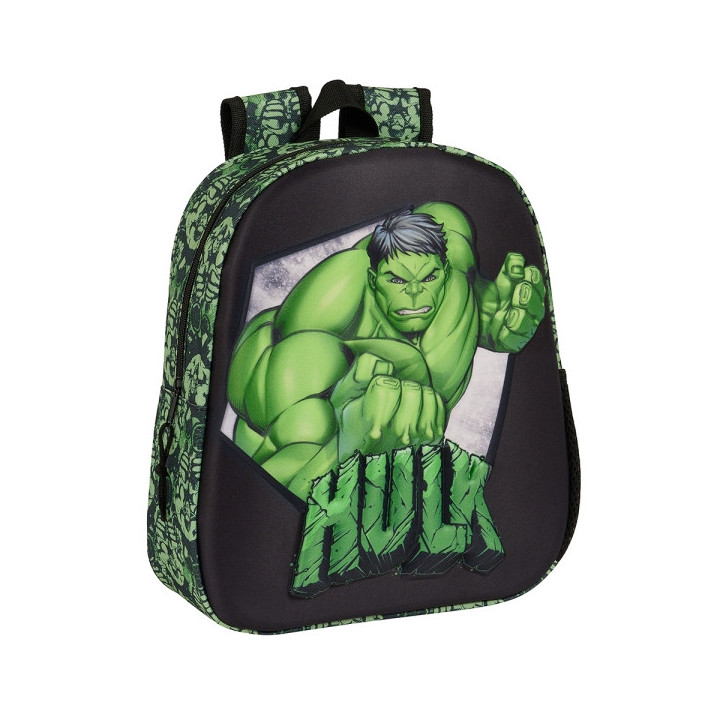 Safta Hulk Mochila 3D - Asa de Mano - Portabotellas Lateral - 27x33x10cm - Color Negro/Verde
