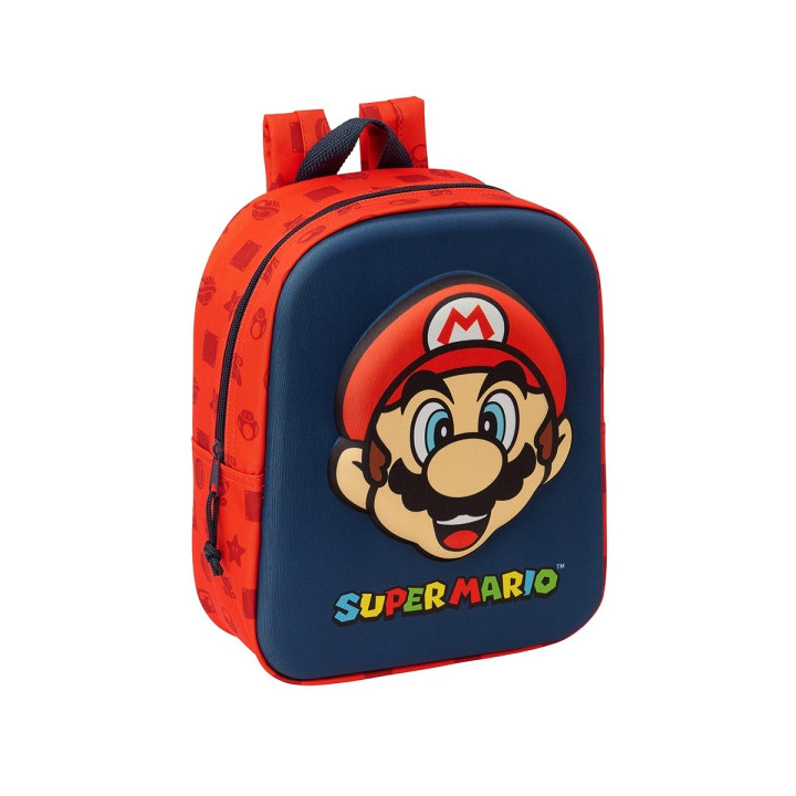 Safta Super Mario Mochila Guarderia 3D - Asa de Mano - Compartimento Principal con Cremallera - 22x27x10cm - Color Rojo y Azul