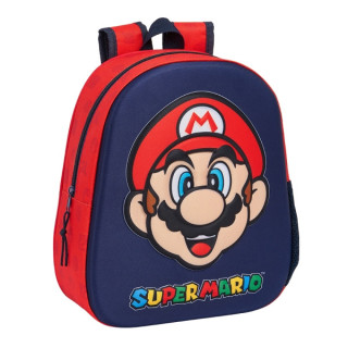 Safta Super Mario Mochila 3D - Asa de Mano - Portabotellas Lateral - 27x33x10cm - Color Rojo y Azul