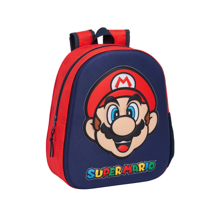 Safta Super Mario Mochila 3D - Asa de Mano - Portabotellas Lateral - 27x33x10cm - Color Rojo y Azul