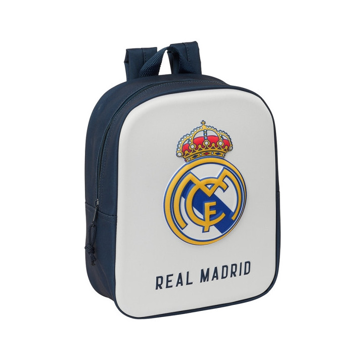Safta Real Madrid Mochila Guarderia 3D - Asa de Mano - Compartimento Principal con Cremallera - 22x27x10cm - Color Blanco/Negro