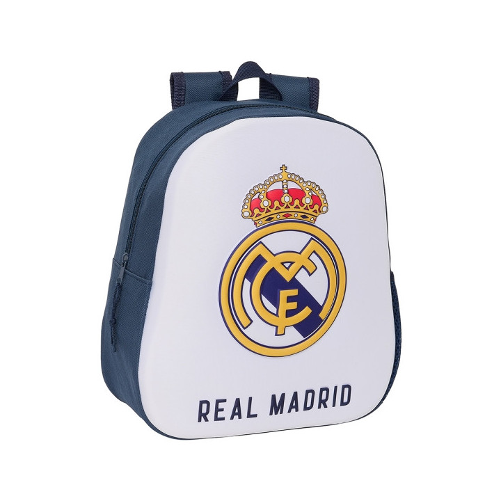 Safta Real Madrid Mochila 3D - Asa de Mano - Portabotellas Lateral - 27x33x10cm - Color Blanco/Negro